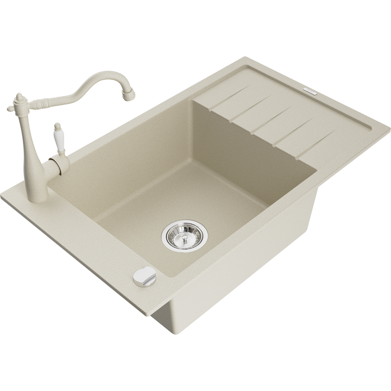 Mexen Elias lava-louça de granito de 1 câmara com escorredor e torneira de cozinha Carla, bege - 6511-69-670700-69