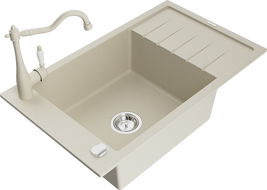Mexen Elias Granitspüle 1-fach mit Abtropffläche und Küchenarmatur Carla, beige - 6511-69-670700-69