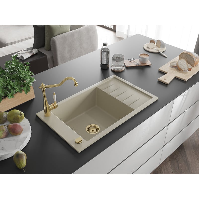 Mexen Elias fregadero de granito de 1 cámara con escurridor y grifo de cocina Carla, beige - 6511-69-670700-50
