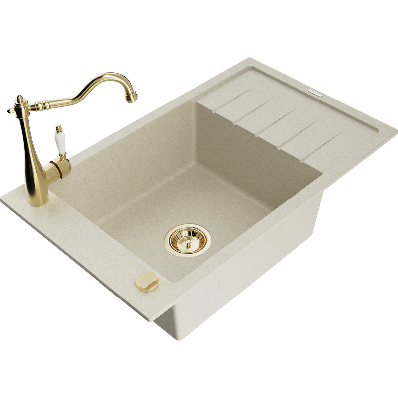Mexen Elias fregadero de granito de 1 cámara con escurridor y grifo de cocina Carla, beige - 6511-69-670700-50