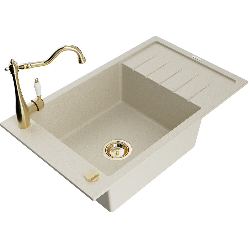 Mexen Elias granitische spoelbak met 1 kom met afdruiprek en keukenkraan Carla, beige - 6511-69-670700-50