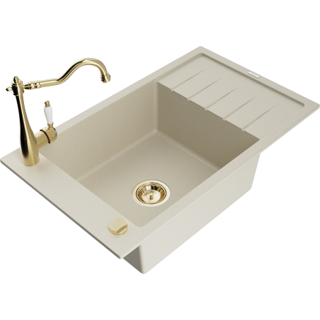 Mexen Elias fregadero de granito de 1 seno con escurridor y grifo de cocina Carla, beige - 6511-69-670700-50