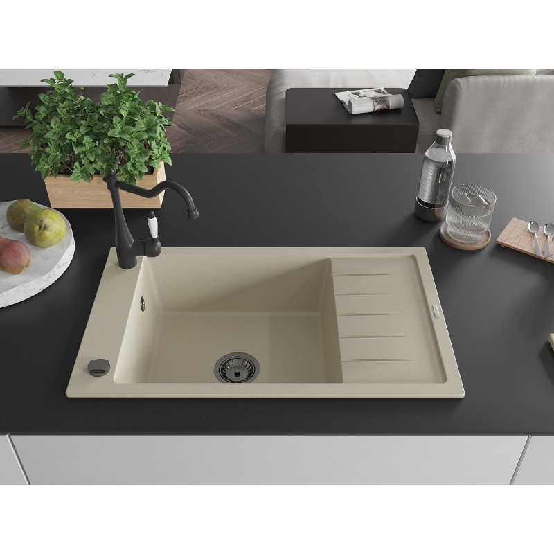 Mexen Elias Granitspüle 1-beckig mit Abtropffläche und Küchenarmatur Carla, beige - 6511-69-670700-70
