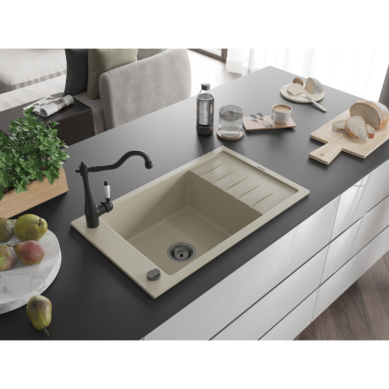 Mexen Elias Granitspüle 1-beckig mit Abtropffläche und Küchenarmatur Carla, beige - 6511-69-670700-70