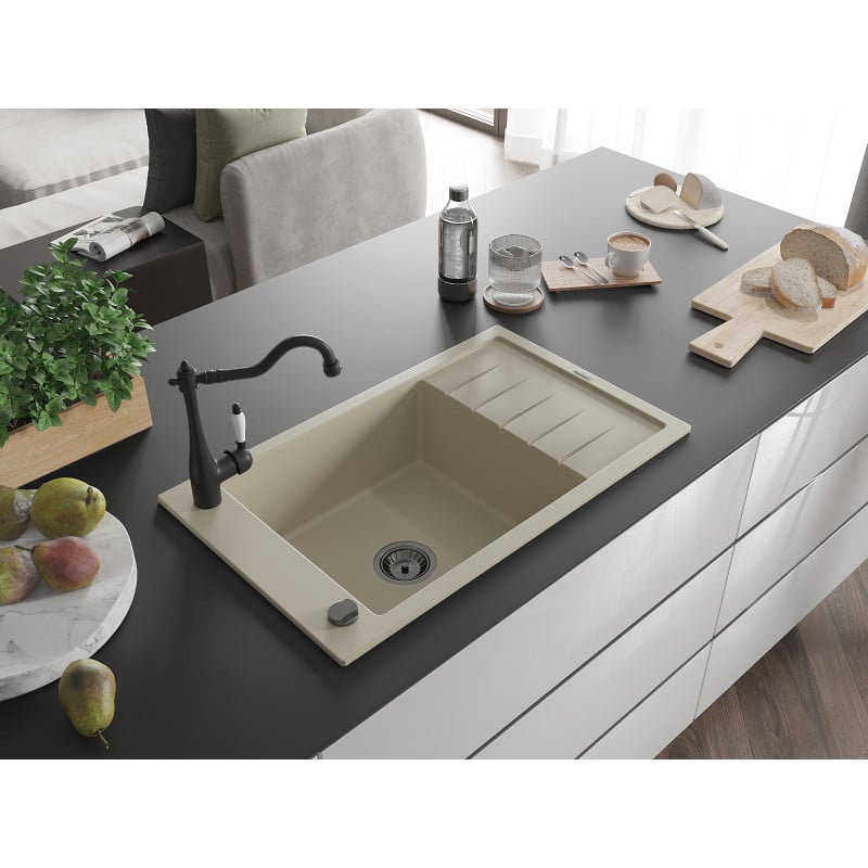 Mexen Elias lava-louça de granito 1-bacia com escorredor e torneira de cozinha Carla, bege - 6511-69-670700-70