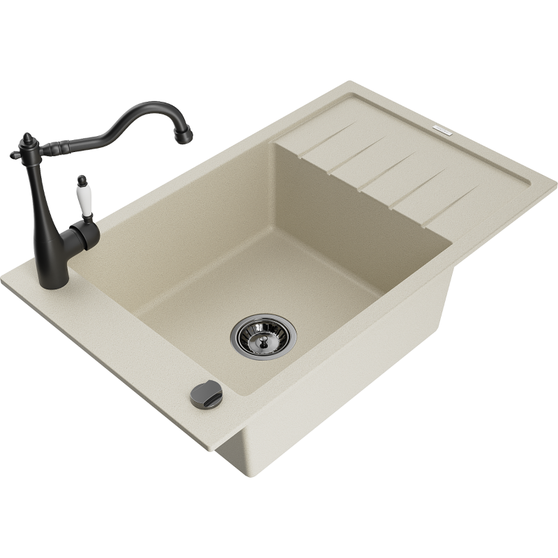 Mexen Elias granite sink 1-bowl with drainer and Carla kitchen tap, beige - 6511-69-670700-70