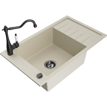 Mexen Elias évier en granit 1 bac avec égouttoir et robinet de cuisine Carla, beige - 6511-69-670700-70