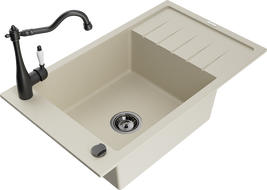 Mexen Elias fregadero de granito de 1 seno con escurridor y grifo de cocina Carla, beige - 6511-69-670700-70