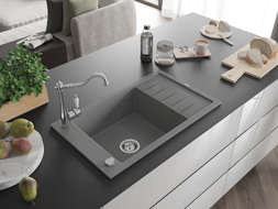 Mexen Elias granite kitchen sink 1-bowl with drainer and Carla kitchen faucet, gray - 6511-71-670700-00