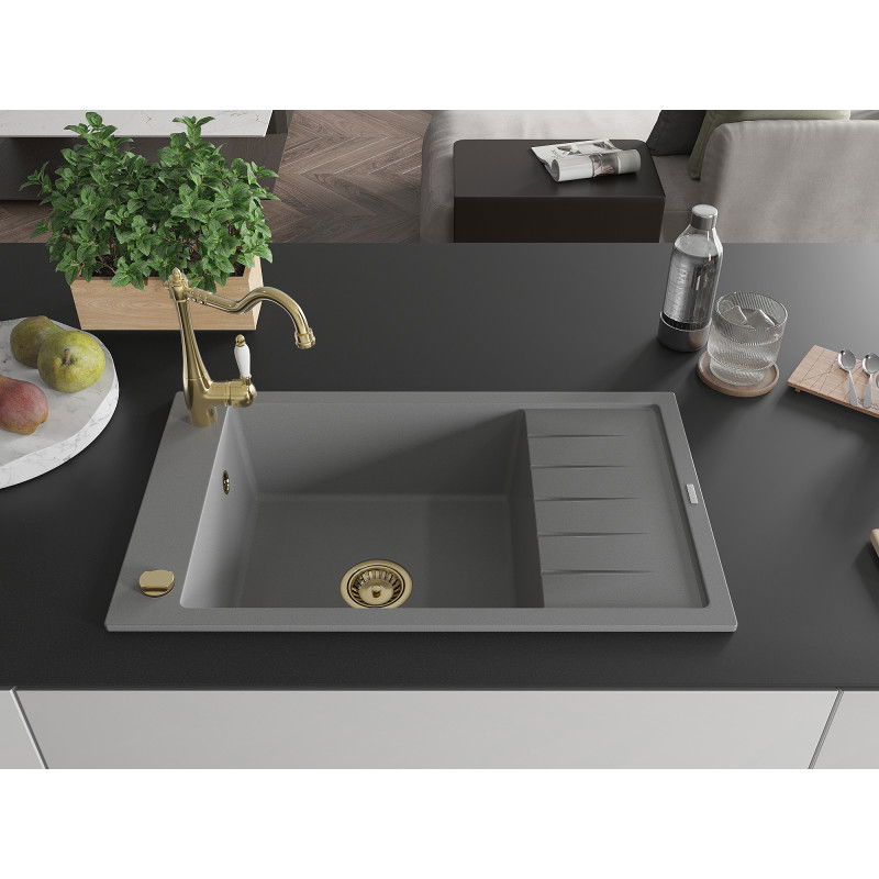 Mexen Elias granite sink 1-bowl with drainer and Carla kitchen tap, grey - 6511-71-670700-50