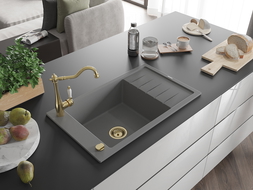Mexen Elias granite sink 1-bowl with drainer and Carla kitchen tap, grey - 6511-71-670700-50