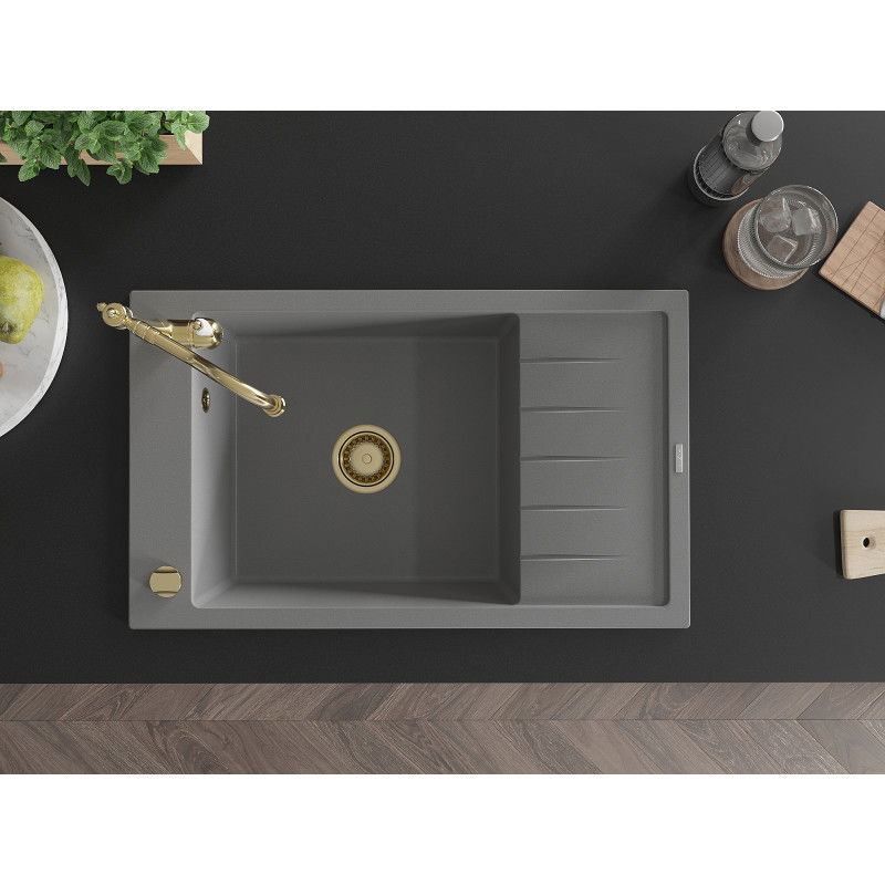 Mexen Elias granite sink 1-bowl with drainer and Carla kitchen tap, grey - 6511-71-670700-50