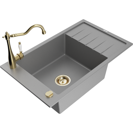Mexen Elias granieten spoelbak met 1 kom, druiprek en keukenmengkraan Carla, grijs - 6511-71-670700-50