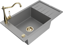 Mexen Elias granite sink 1-bowl with drainer and Carla kitchen tap, grey - 6511-71-670700-50
