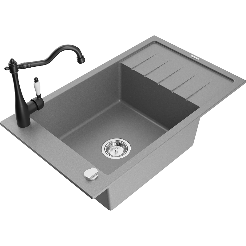 Mexen Elias fregadero de granito de 1 compartimento con escurridor y grifo de cocina Carla, gris - 6511-71-670700-70