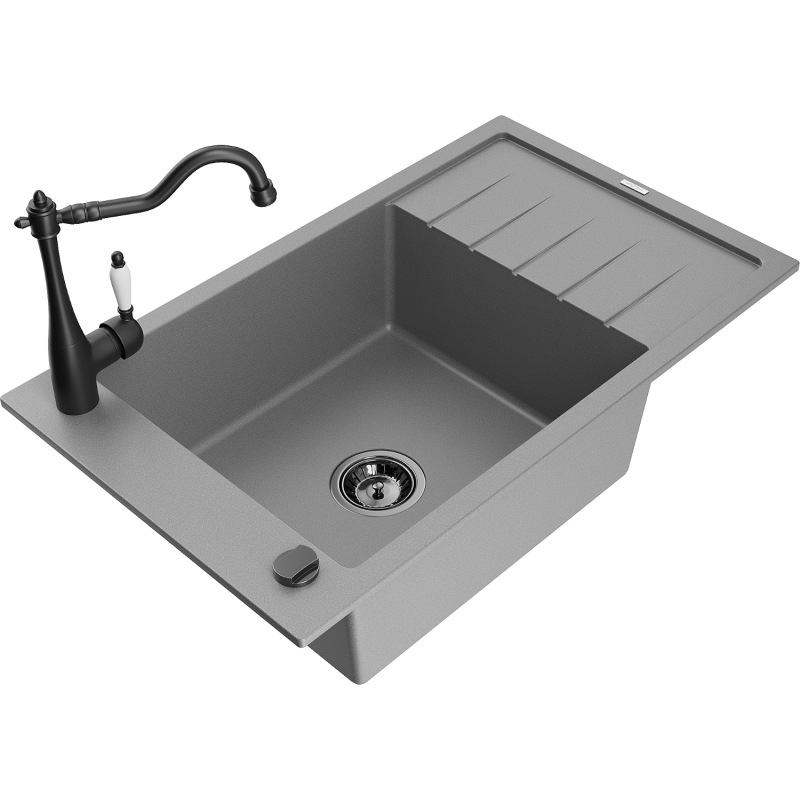 Mexen Elias 1-bowl granite sink with drainer and Carla kitchen tap, grey - 6511-71-670700-70-B