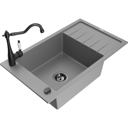 Mexen Elias 1-bowl granite sink with drainer and Carla kitchen tap, grey - 6511-71-670700-70-B