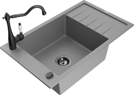 Mexen Elias 1-bowl granite sink with drainer and Carla kitchen tap, grey - 6511-71-670700-70-B