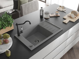 Mexen Elias granite kitchen sink 1-bowl with drainer and kitchen faucet Carla, gray - 6511-71-670700-70-B