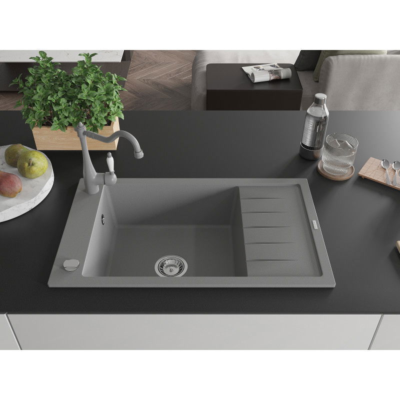 Mexen Elias single-bowl granite sink with drainer and Carla kitchen tap, grey - 6511-71-670700-71