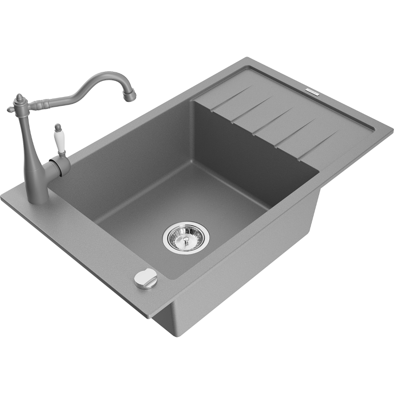 Mexen Elias single-bowl granite sink with drainer and Carla kitchen tap, grey - 6511-71-670700-71