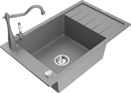 Mexen Elias single-bowl granite sink with drainer and Carla kitchen tap, grey - 6511-71-670700-71
