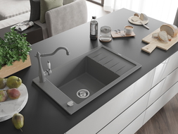 Mexen Elias single-bowl granite sink with drainer and Carla kitchen tap, grey - 6511-71-670700-71