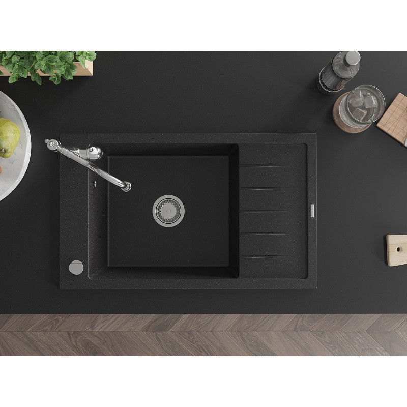 Mexen Elias granite kitchen sink 1-bowl with drainer and Carla kitchen tap, black/silver metallic - 6511-73-670700-00