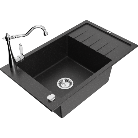 Mexen Elias fregadero de granito de 1 compartimento con escurridor y grifo de cocina Carla, negro/plateado metálico