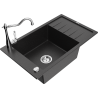 Mexen Elias granite kitchen sink 1-bowl with drainer and Carla kitchen tap, black/silver metallic - 6511-73-670700-00