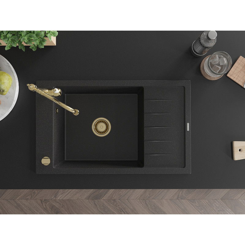 Mexen Elias 1-bowl granite sink with drainer and Carla kitchen tap, black/silver metallic - 6511-73-670700-50