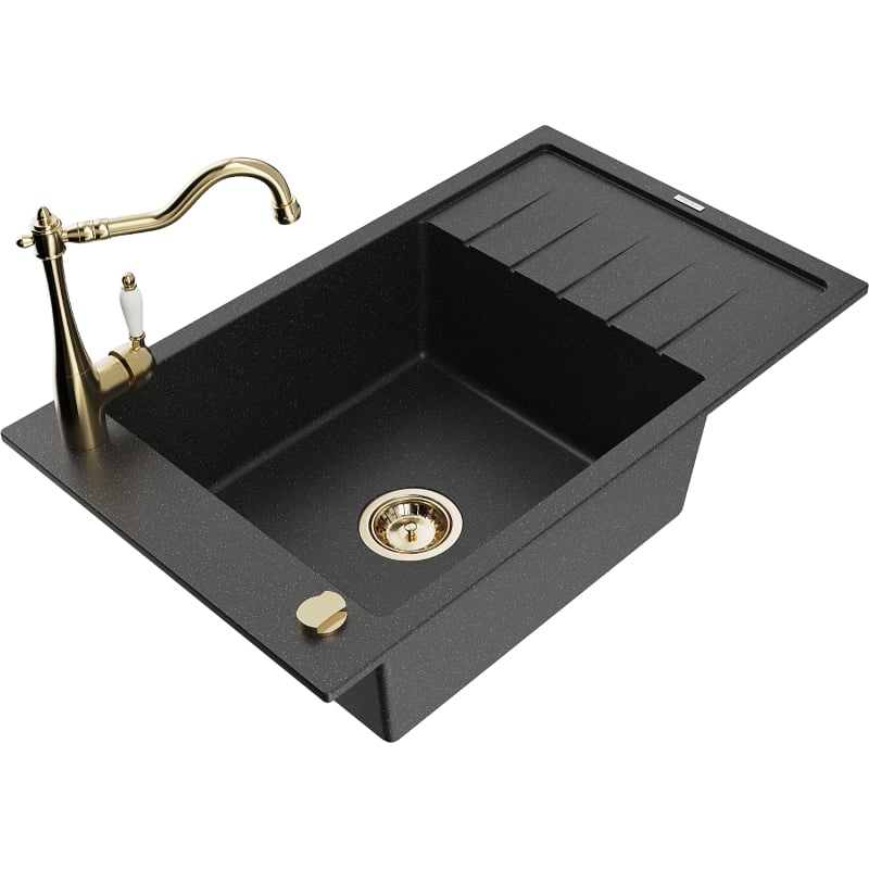Mexen Elias fregadero de granito de 1 seno con escurridor y grifo de cocina Carla, negro/metalizado plateado - 6511-73-670700-50
