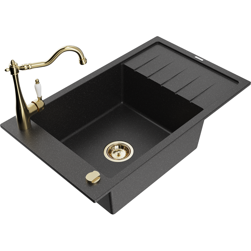 Mexen Elias fregadero de granito de 1 seno con escurridor y grifo de cocina Carla, negro/plateado metálico - 6511-73-670700-50