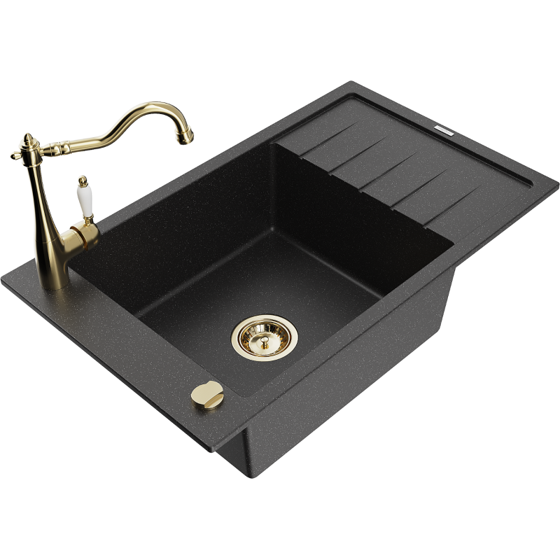 Mexen Elias granieten spoelbak 1-komorig met afdruiprek en keukenkraan Carla, zwart/zilver metallic - 6511-73-670700-50