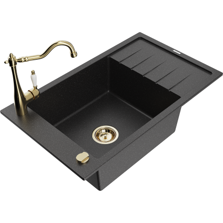 Mexen Elias granieten spoelbak 1-komorig met afdruiprek en keukenkraan Carla, zwart/zilver metallic - 6511-73-670700-50