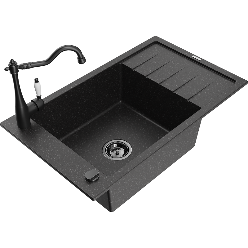 Mexen Elias granite sink 1-bowl with drainer and Carla kitchen tap, black/silver metallic - 6511-73-670700-70-B