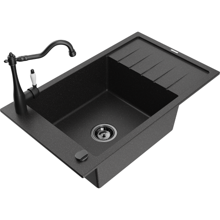 Mexen Elias Granitspüle 1-beckig mit Abtropffläche und Küchenarmatur Carla, schwarz/silber metallic - 6511-73-670700-70-B