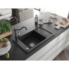 Mexen Elias Granitspüle 1-beckig mit Abtropffläche und Küchenarmatur Carla, schwarz/silber metallic - 6511-73-670700-70