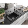 Mexen Elias Granitspüle mit 1 Becken, Abtropffläche und Küchenarmatur Carla, schwarz/silber-metallic - 6511-73-670700-70