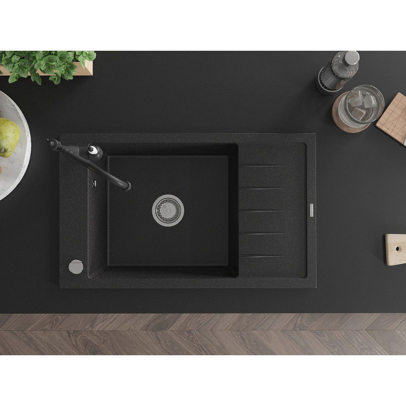 Mexen Elias Granitspüle 1-Becken mit Abtropffläche und Küchenarmatur Carla, schwarz/silber Metallic - 6511-73-670700-70
