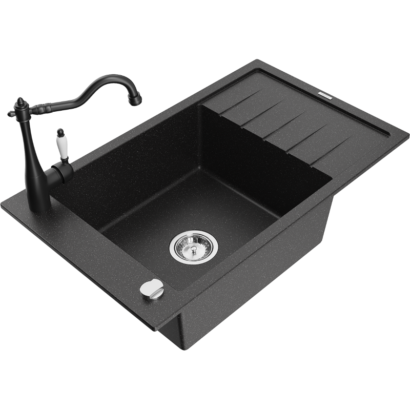 Mexen Elias granitdiskho med 1 facka, avrinningsyte och kran Carla, svart/silver metallic - 6511-73-670700-70