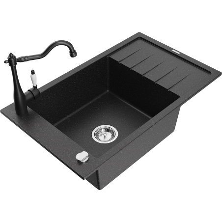 Mexen Elias granitische spoelbak met 1 bak met afdruiprek en keukenkraan Carla, zwart/zilver metallic - 6511-73-670700-70