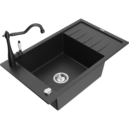 Mexen Elias Granitspüle mit 1 Becken, Abtropffläche und Küchenarmatur Carla, schwarz/silber-metallic - 6511-73-670700-70