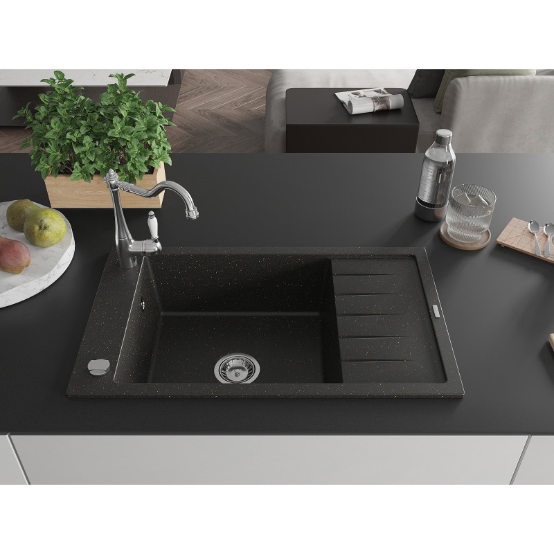 Mexen Elias granitische spoelbak 1-komors met afdruipplaat en keukenkraan Carla, zwart/gouden metallic - 6511-75-670700-00