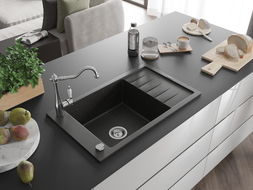 Mexen Elias granite kitchen sink 1-bowl with drainer and kitchen faucet Carla, black/gold metallic - 6511-75-670700-00