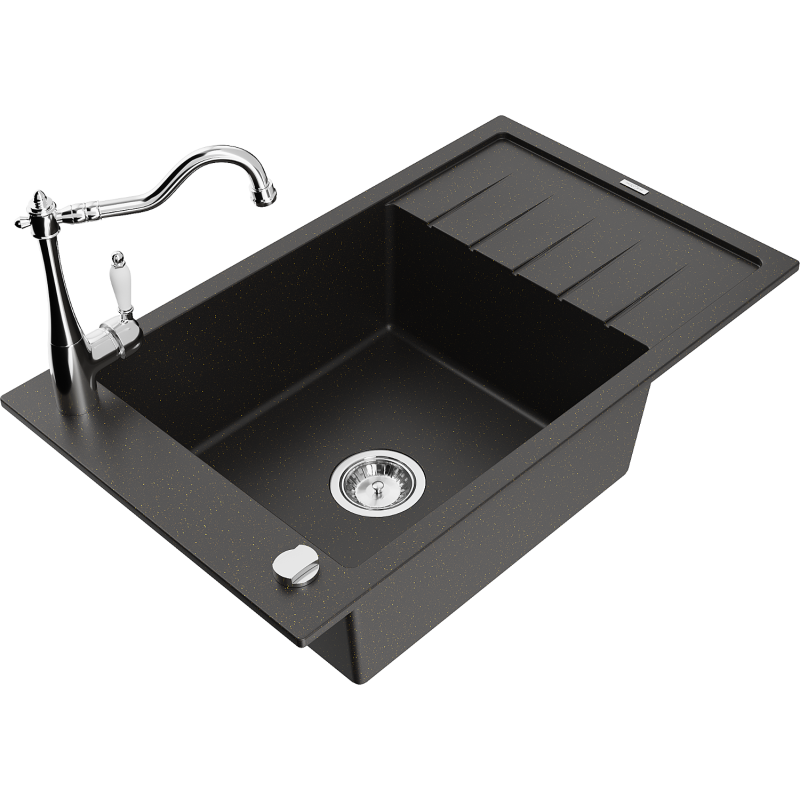 Mexen Elias fregadero de granito de 1 seno con escurridor y grifo de cocina Carla, negro/dorado metálico - 6511-75-670700-00