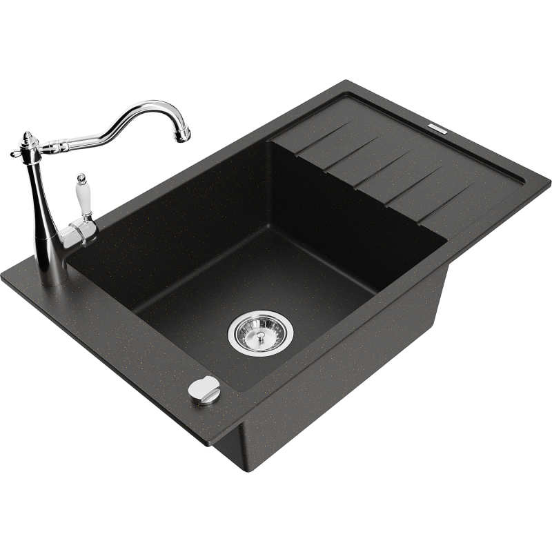 Mexen Elias granite sink 1-bowl with drainer and Carla kitchen tap, black/gold metallic - 6511-75-670700-00