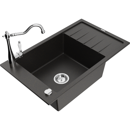 Mexen Elias Granitspüle 1-Becken mit Abtropffläche und Küchenarmatur Carla, schwarz/gold metallic - 6511-75-670700-00