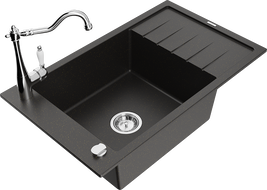 Mexen Elias granite sink 1-bowl with drainer and Carla kitchen tap, black/gold metallic - 6511-75-670700-00