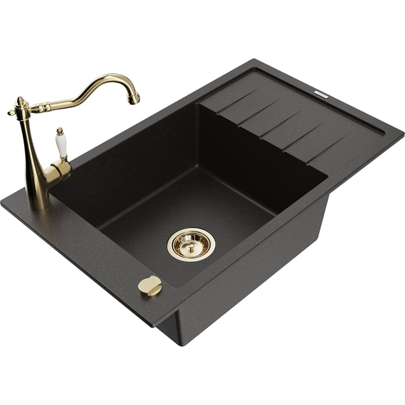 Mexen Elias granite kitchen sink 1-bowl with drainer and kitchen faucet Carla, black/gold metallic - 6511-75-670700-50
